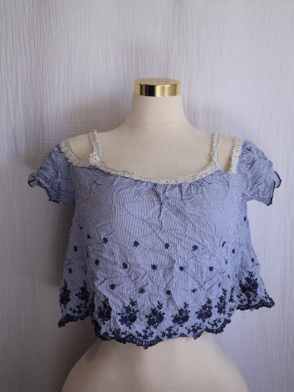 Papaya Blue and White Striped Lace-Trim Crop Top